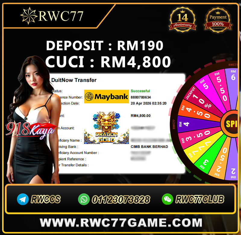 RWC77 slot win proof deposit RM190 withdraw RM4800 DuitNow transfer Malaysia Dragon Gold game