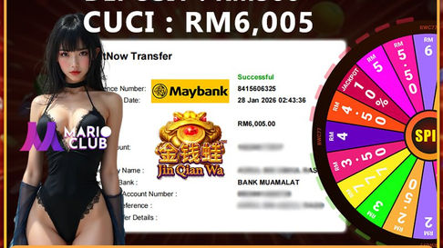 RWC77 online casino showing RM500 deposit and RM6005 withdrawal with spin wheel game and fast bank transfer