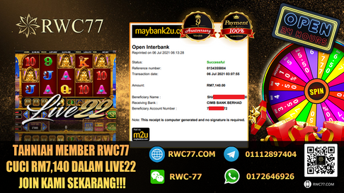 Congratulation ! RWC77 Member BIG CASHOUT RM7,140 at LIVE22!!! Good Luck !