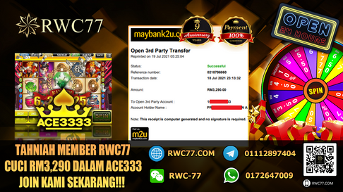 Tahniah ! Member Rwc77 cuci besar RM3,290 dalam Game ACE333! NASIB BAIK!
