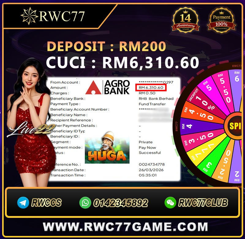 RWC77 online casino player turns RM200 deposit into RM6,310.60 HUGA slot win with successful Agrobank transfer to RHB Bank.
