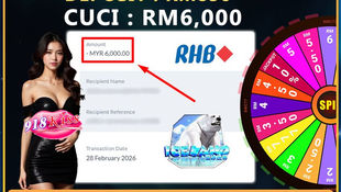 RWC77 online casino promotion showing RM850 deposit and RM6,000 withdrawal via RHB with 918Kiss slot and spin wheel bonus