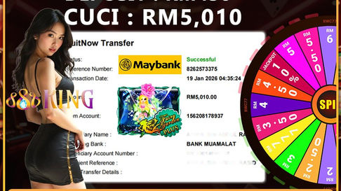 RWC77 online casino win showing RM430 deposit converted into RM5,010 withdrawal via Maybank DuitNow