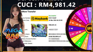 RWC77 online casino player turns RM280 deposit into RM4,981.42 Triple Twister Mega888 win with successful Maybank DuitNow transfer.