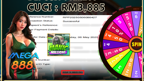 Tahniah ! RWC77 Member dapat Cuci Besar RM3,885.00. Dalam Game MEGA888!! Cepat Datang Register Sekarang!!!!!