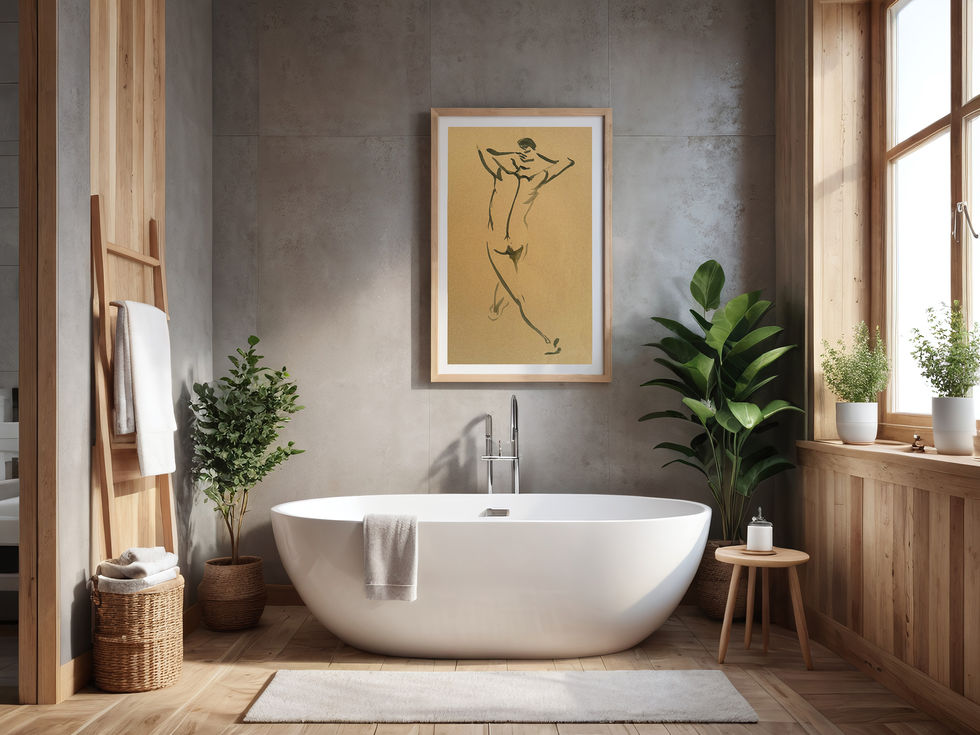 Modern bathroom with freestanding tub and minimalist decor.