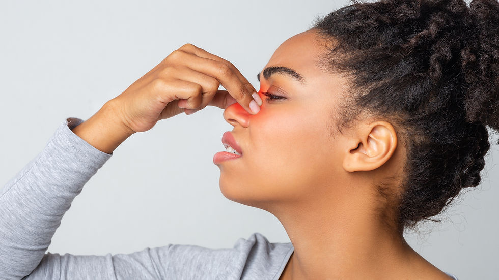 Side view of a person pressing the bridge of their nose with highlighted redness, illustrating nasal pain, sinus pressure, or congestion often associated with sinusitis or nasal obstruction.