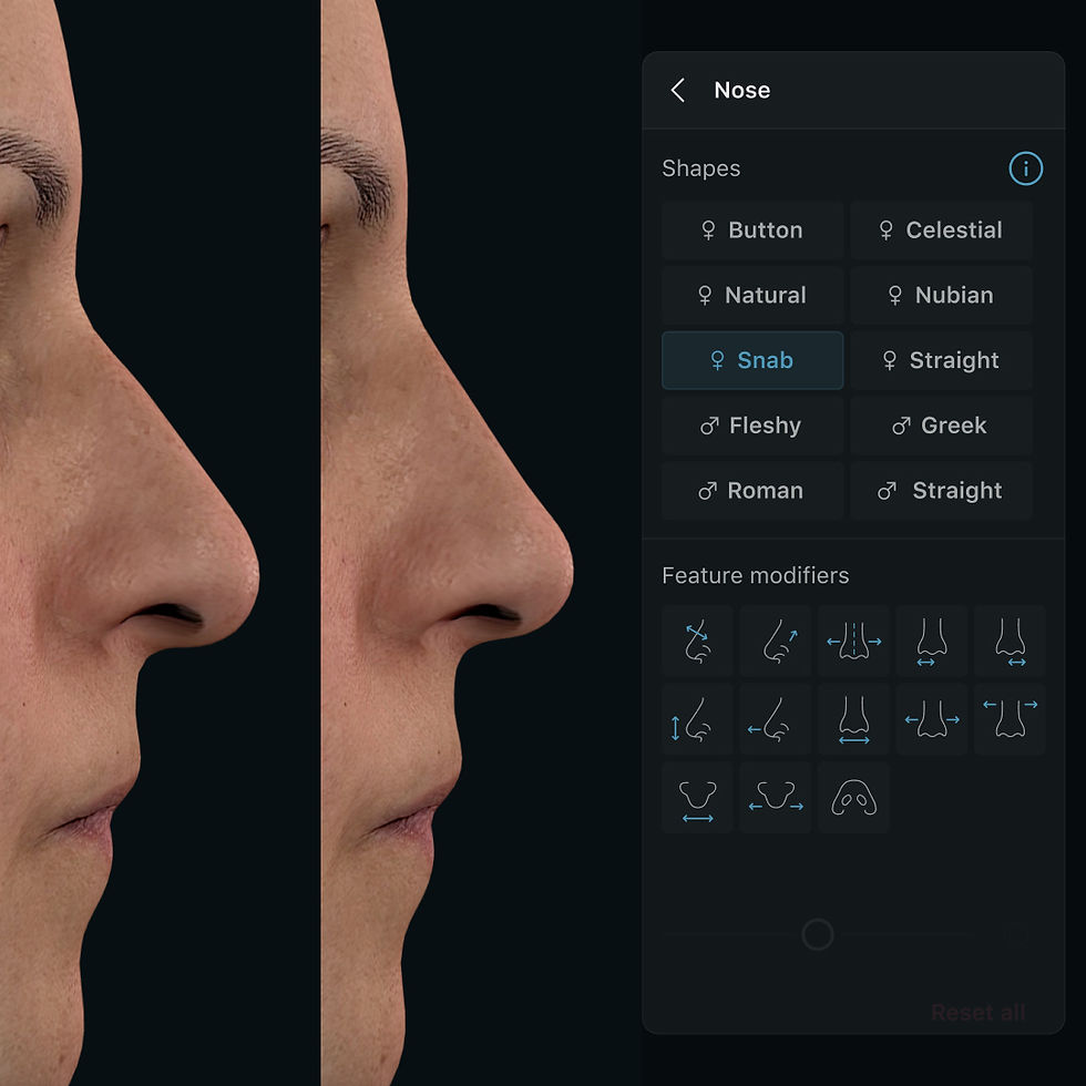 Two side profiles of a person's face with different nose shapes. A digital interface on the right shows options for customizing nose shapes.