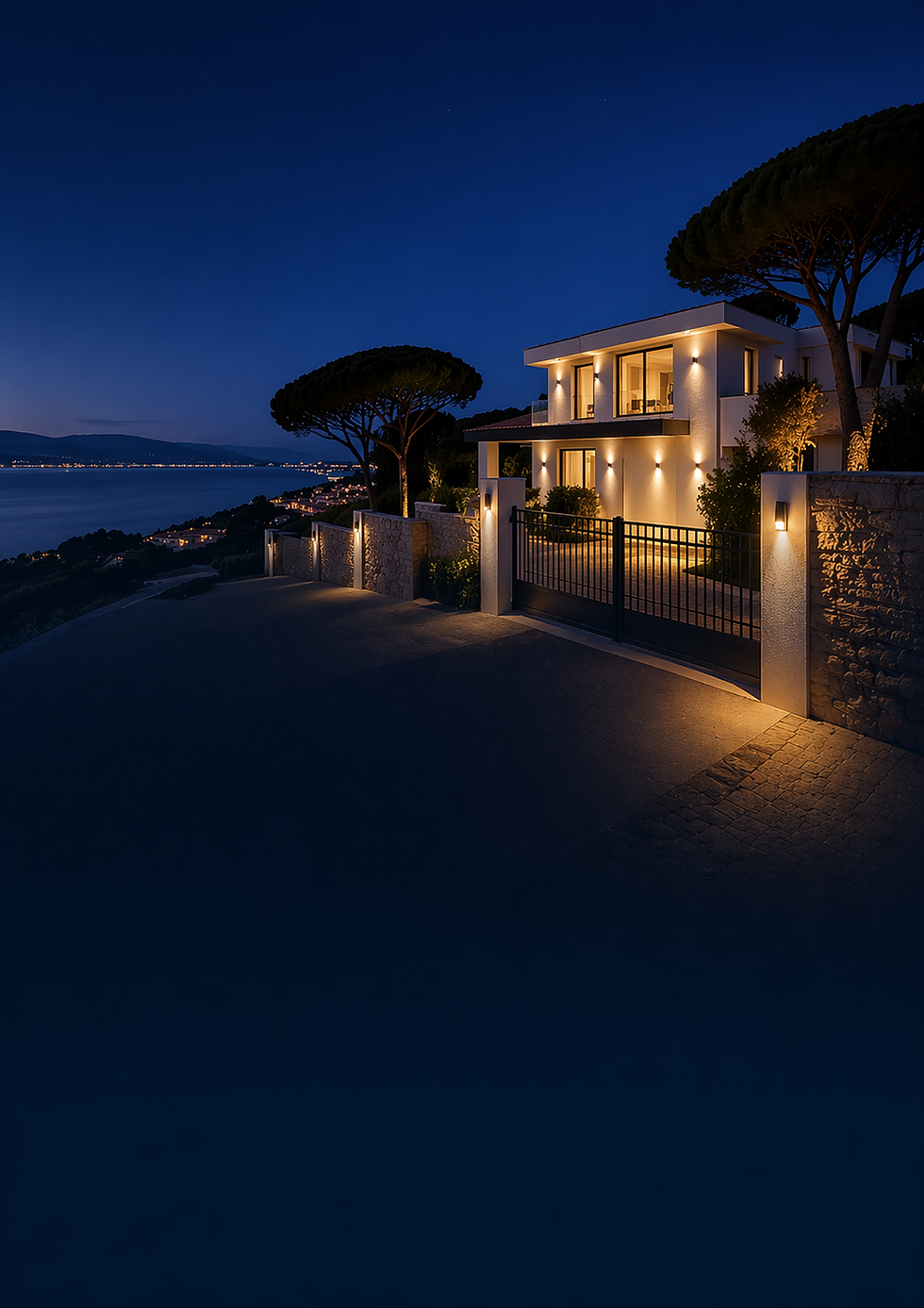 Villa moderne illuminée de nuit en bord de mer.