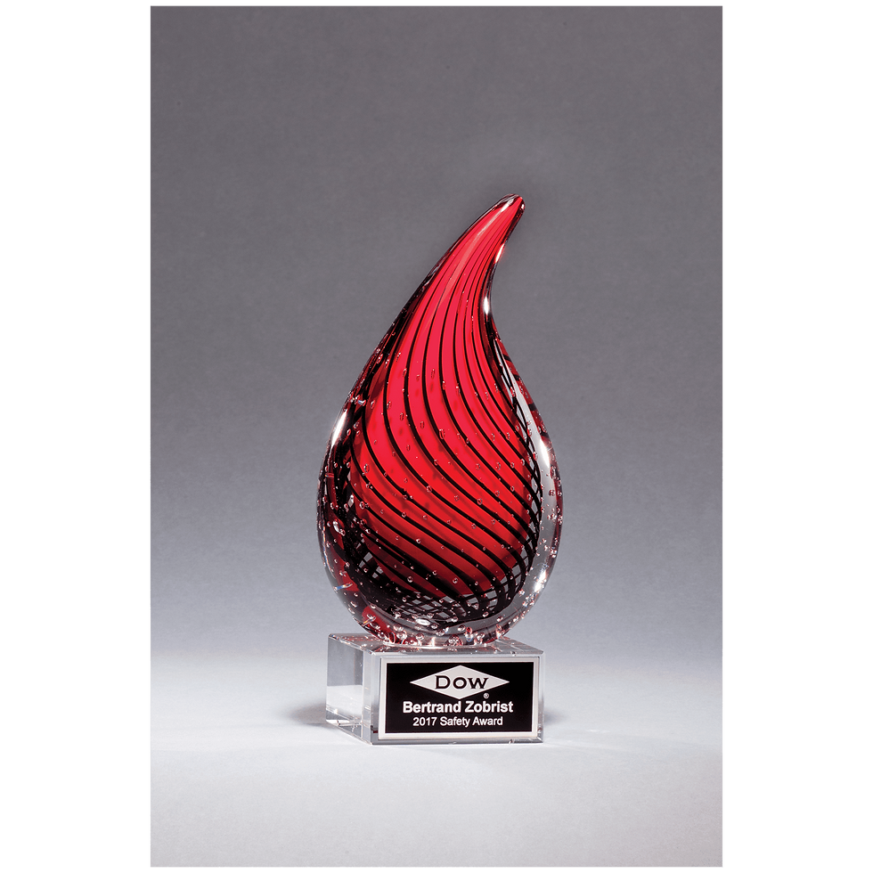7 1/2" Red Teardrop Art Glass on Clear Glass Base with Black Laserable Aluminum