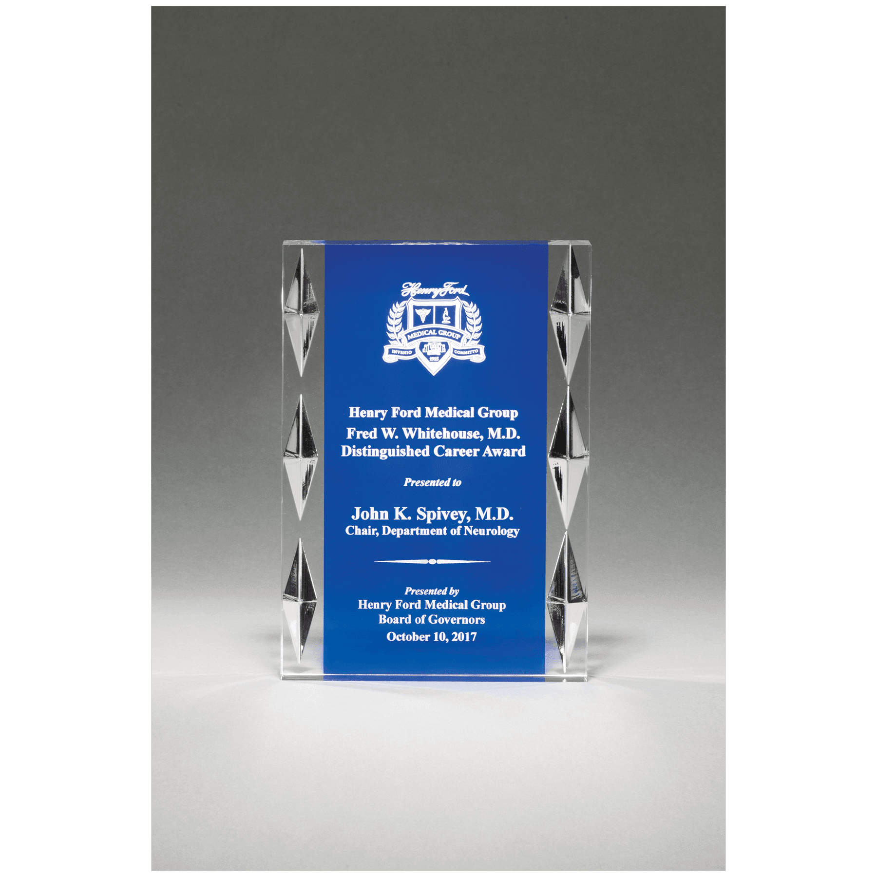 Freestanding Acrylic with Blue Background and Carved Jewel Accents