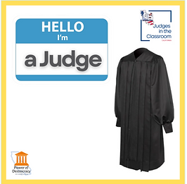 Poster saying "Hello I am a Judge" and a photo of a judge's robe
