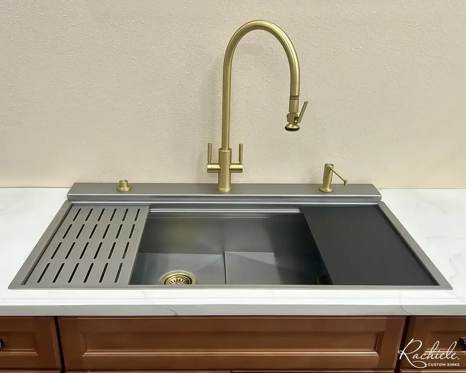Stainless steel kitchen sink with faucet, drainboard, and soap dispenser. Rachiele