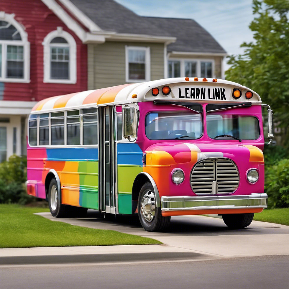 Generate a realistic image of a modern, colorful kid's bus parked outside a house for kids