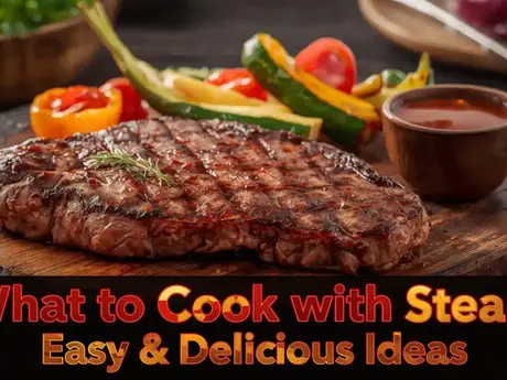 Delicious steak served with mashed potatoes and vegetables