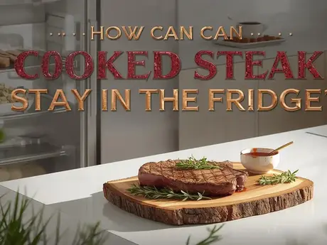 Cooked steak on a wooden board next to a modern fridge with stored steaks inside, article title displayed in bold font.