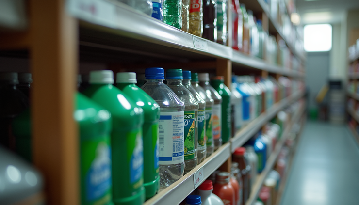 Vista lateral de garrafas de plástico e latas organizadas para reciclagem no setor HORECA