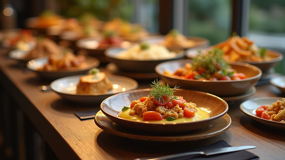 Close-up view of an elegant buffet table with gourmet dishes