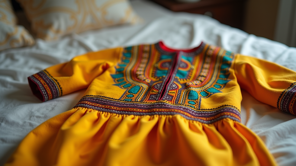 Close-up view of a colorful traditional Nigerian baby outfit laid out on a bed