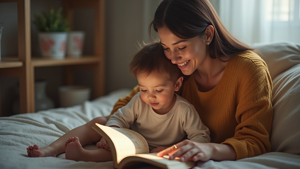 High angle view of a mother and child reading a book together