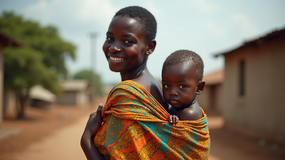 Eye-level view of a Nigerian mother carrying her baby in a colorful wrapper