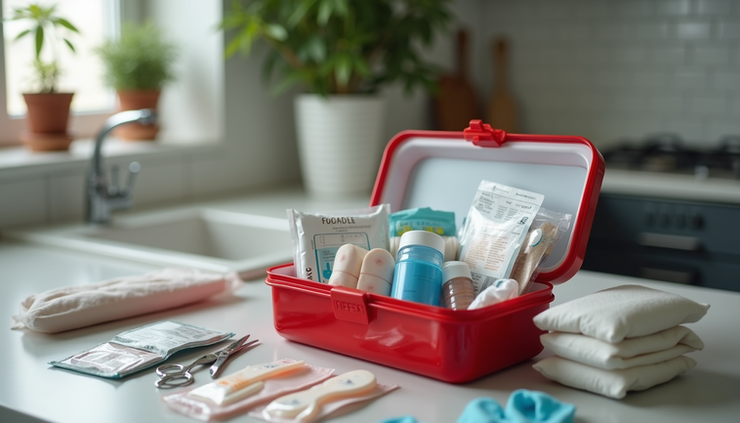 Eye-level view of a neatly organized first aid kit with essential medical supplies