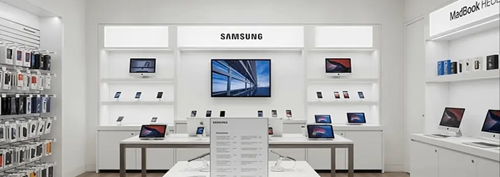 Cell phone store employee cleaning checkout counter and wiping demo phones to meet retail store cleaning standards