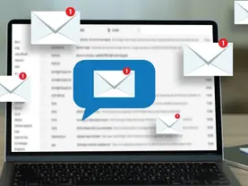 Wireless store owner creating an email campaign on a laptop with a customer list and promotion calendar