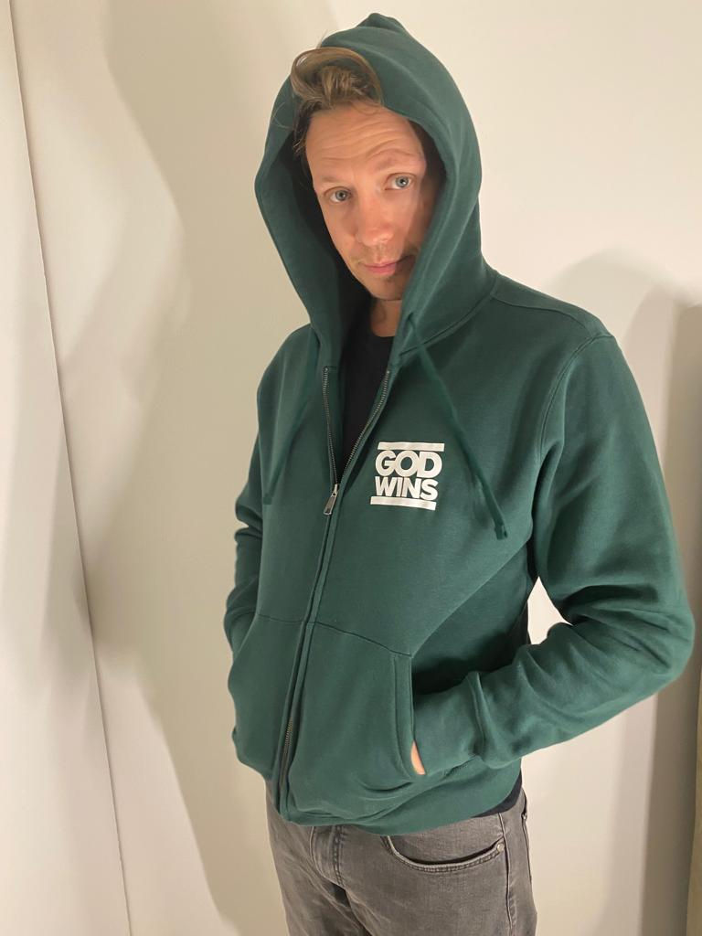 Thumbnail: SAGE GREEN GOD WINS ZIP HOODIE! (Pre order)