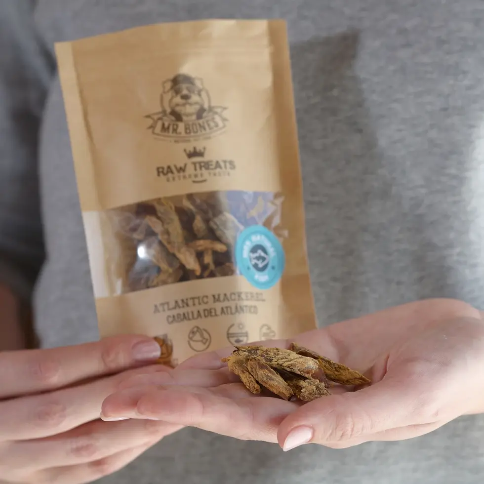 Friandises pour chiens et chats, morceaux de filets de maquereau de l'Atlantique, séchés, dans un sachet kraft