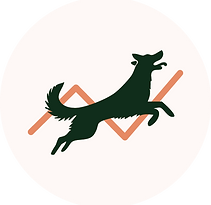 un pictogramme représentant la silhouette d'un chient sautant vers le haut, de couleur vert foncé, avec en arrière plan une ligne de graphique ascendante de couleur orange