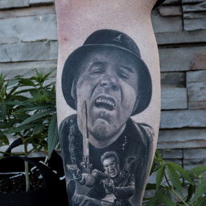 Will Ferrel, gator Portrait black and grey realism tattoo by Tyler ATD. . Black and grey realistic artist in Whistler, Vancouver, Canada. Death Proof .