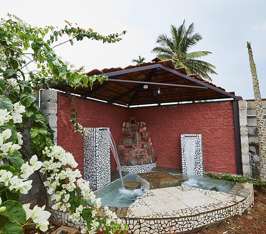 Garden with small water fountain, lawn with rabbits