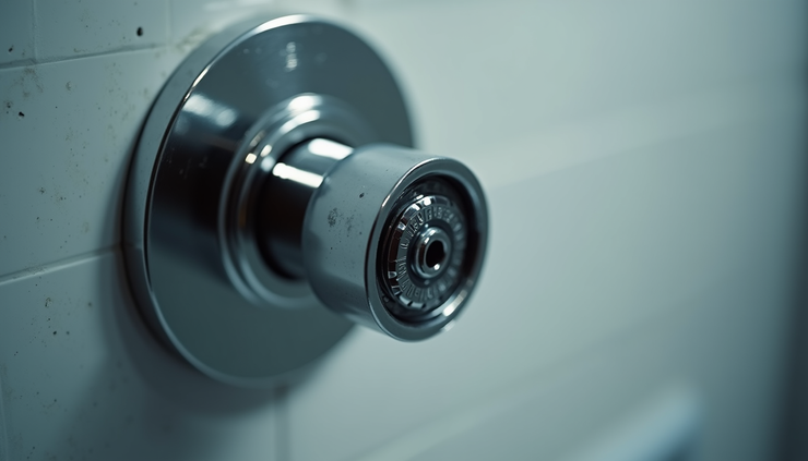 Eye-level view of a volume control valve cartridge installed in a shower valve