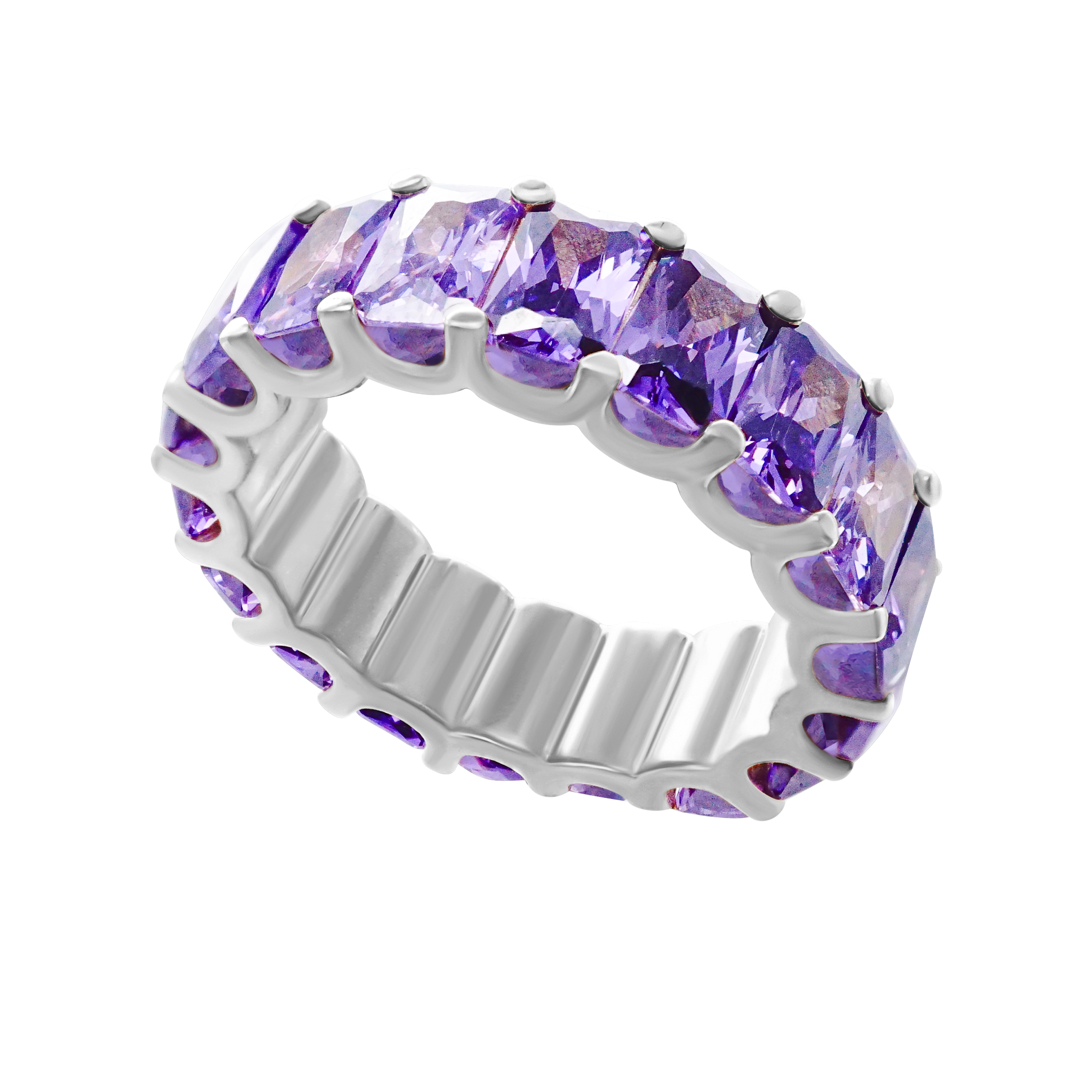 Sterling Silver All Around Emerald Shape Purple Colored Stone Ring (6.0 x 4.0