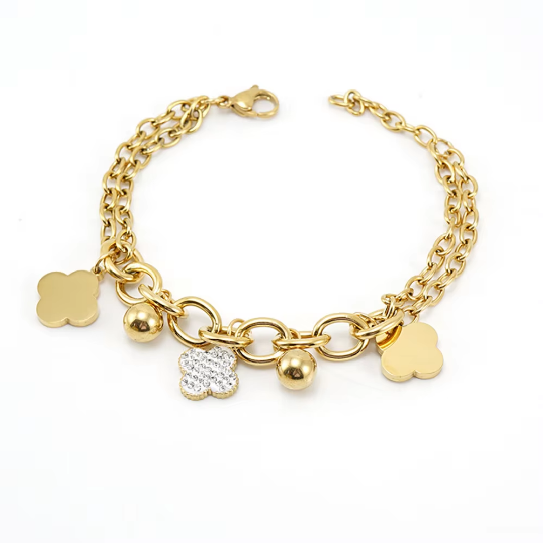 CZ Pave / Gold Clovers / Balls Double Chain Charm Bracelet