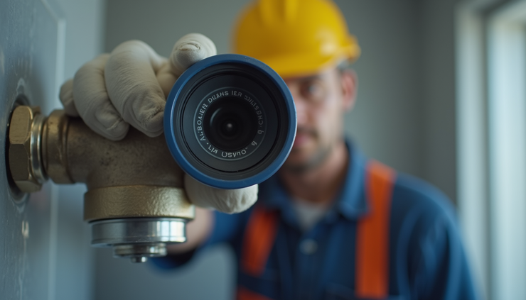 Eye-level view of a plumber photographing a shower valve cartridge part number
