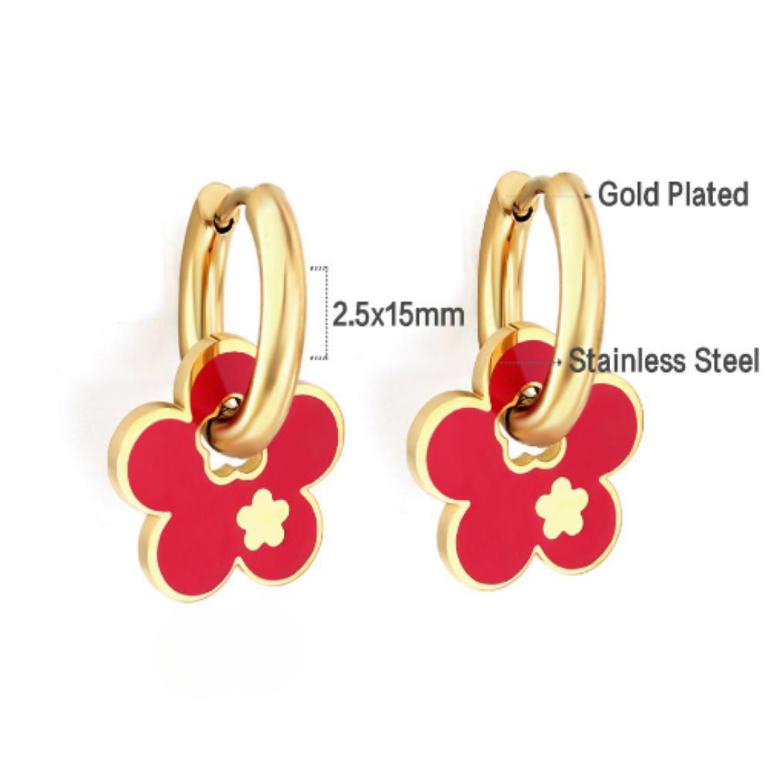 Kids Red Flower Gold Huggie Earrings 2