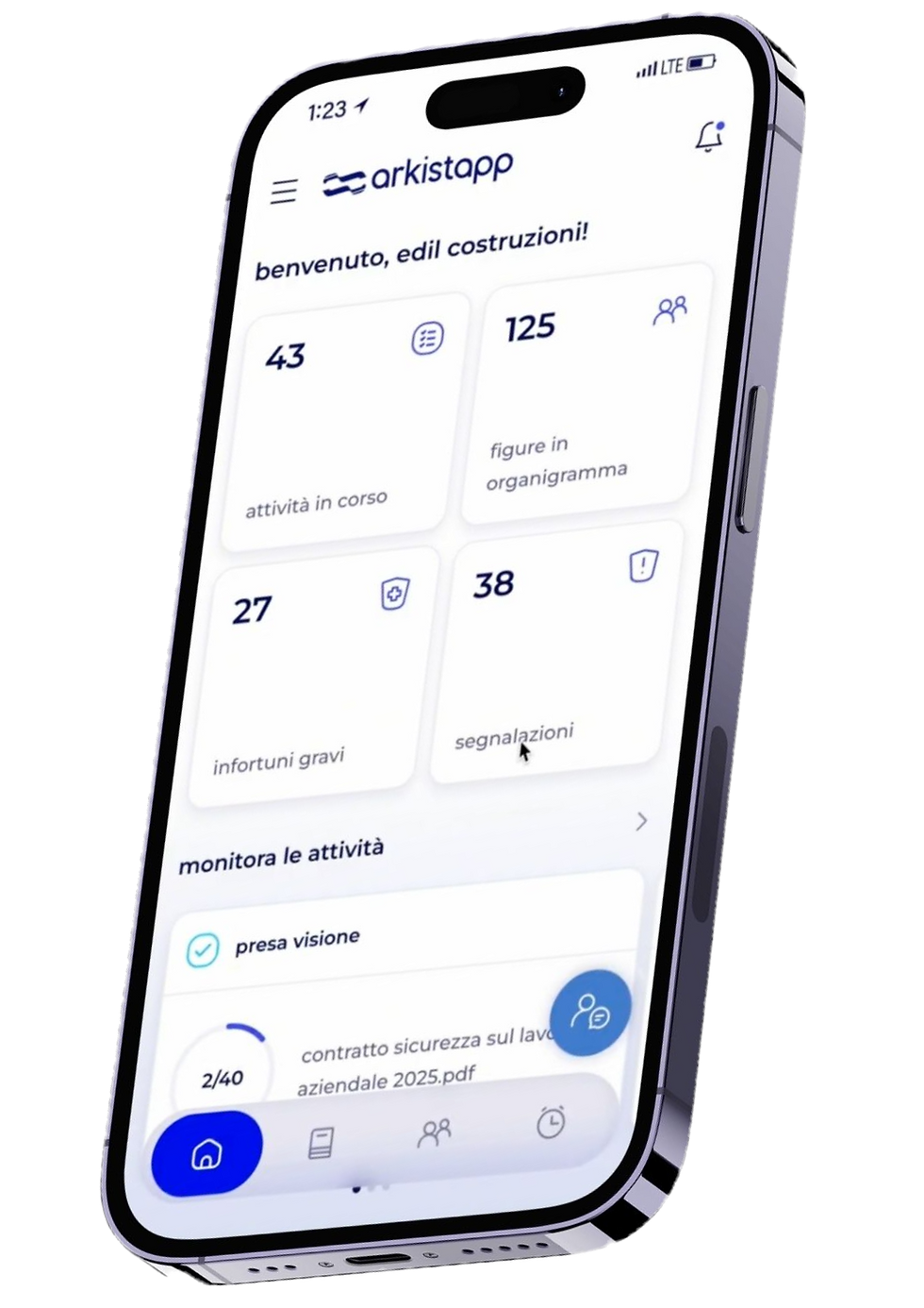 schermata home della app arkistapp inserita tramite mockup grafico con iphone