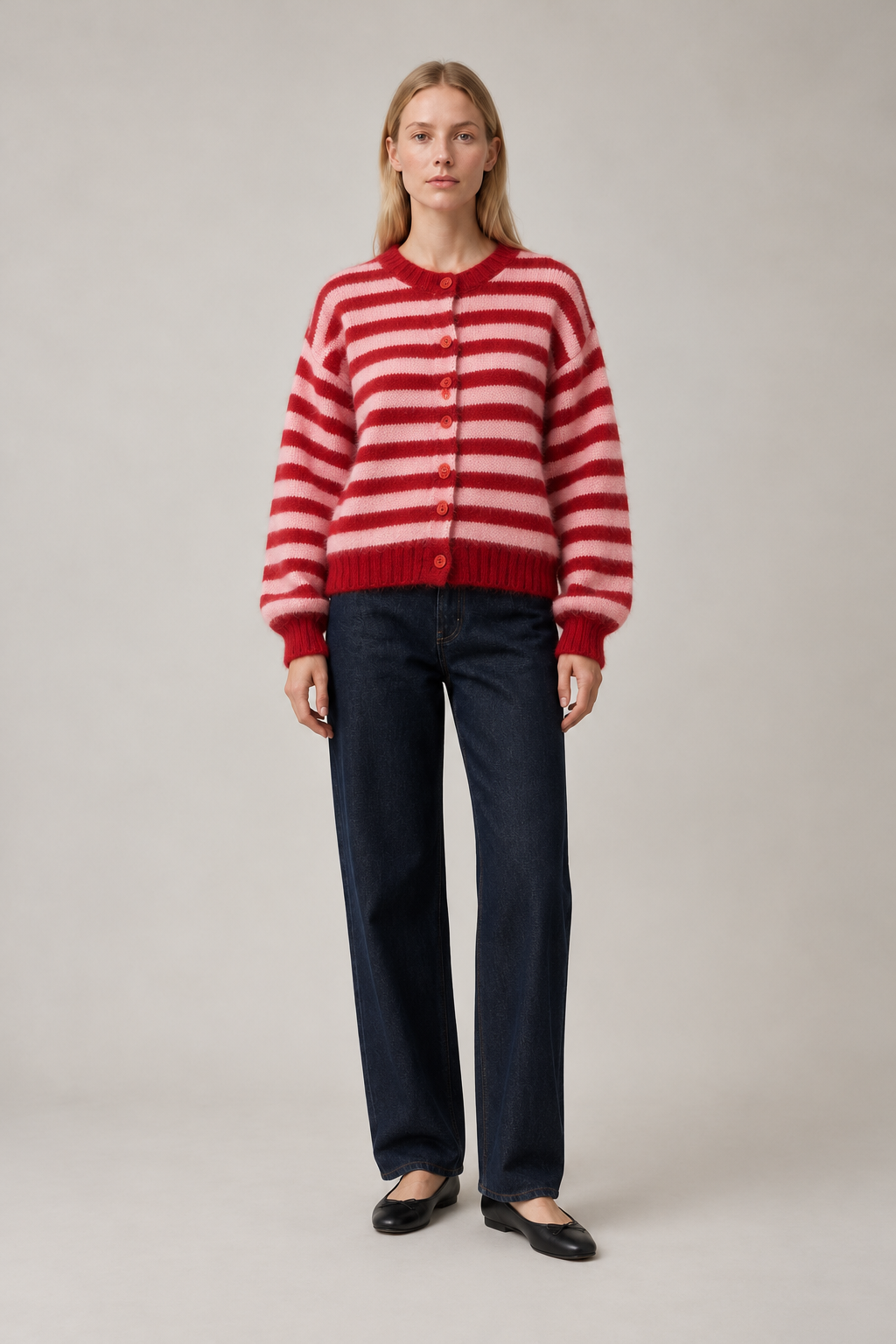 Striped Mohair Wool Cardigan Red
