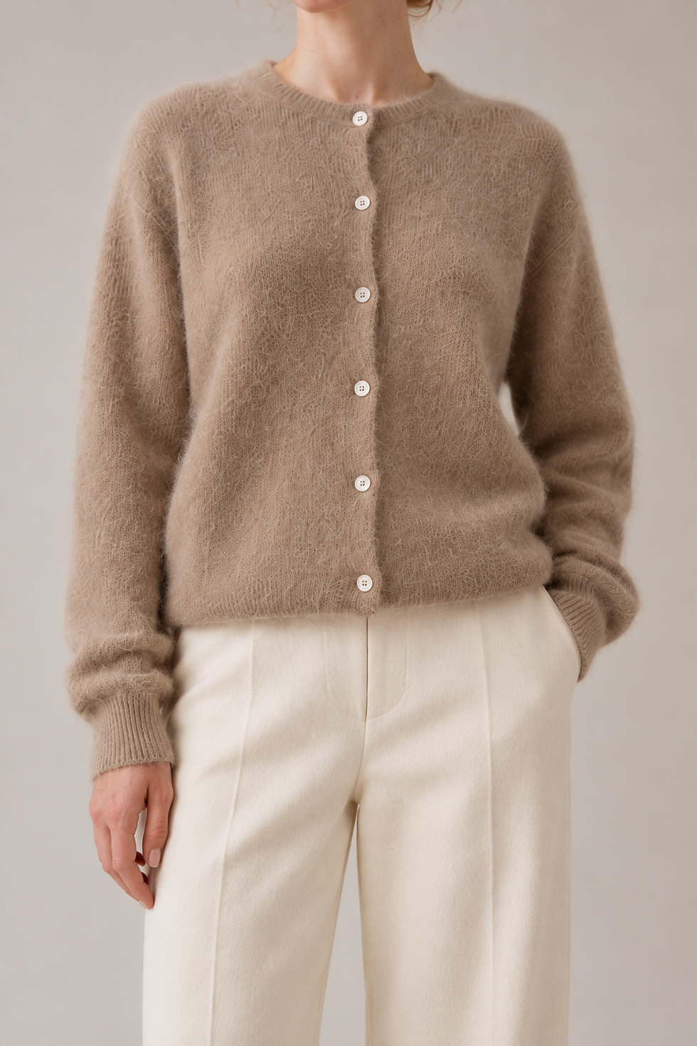Fluffy Cashmere Wool Crew-Neck Cardigan Camel