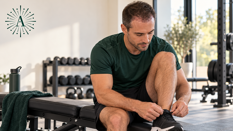 Homme se préparant à reprendre le sport après une greffe capillaire.