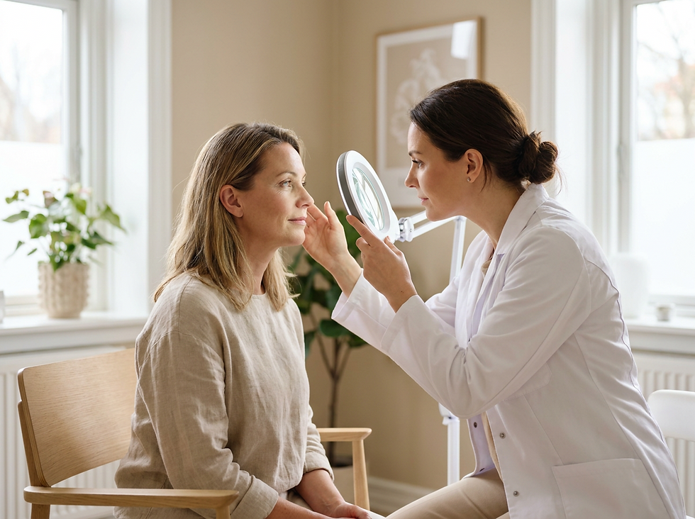 Médecin examinant la qualité de la peau du contour des yeux d’une patiente à la loupe