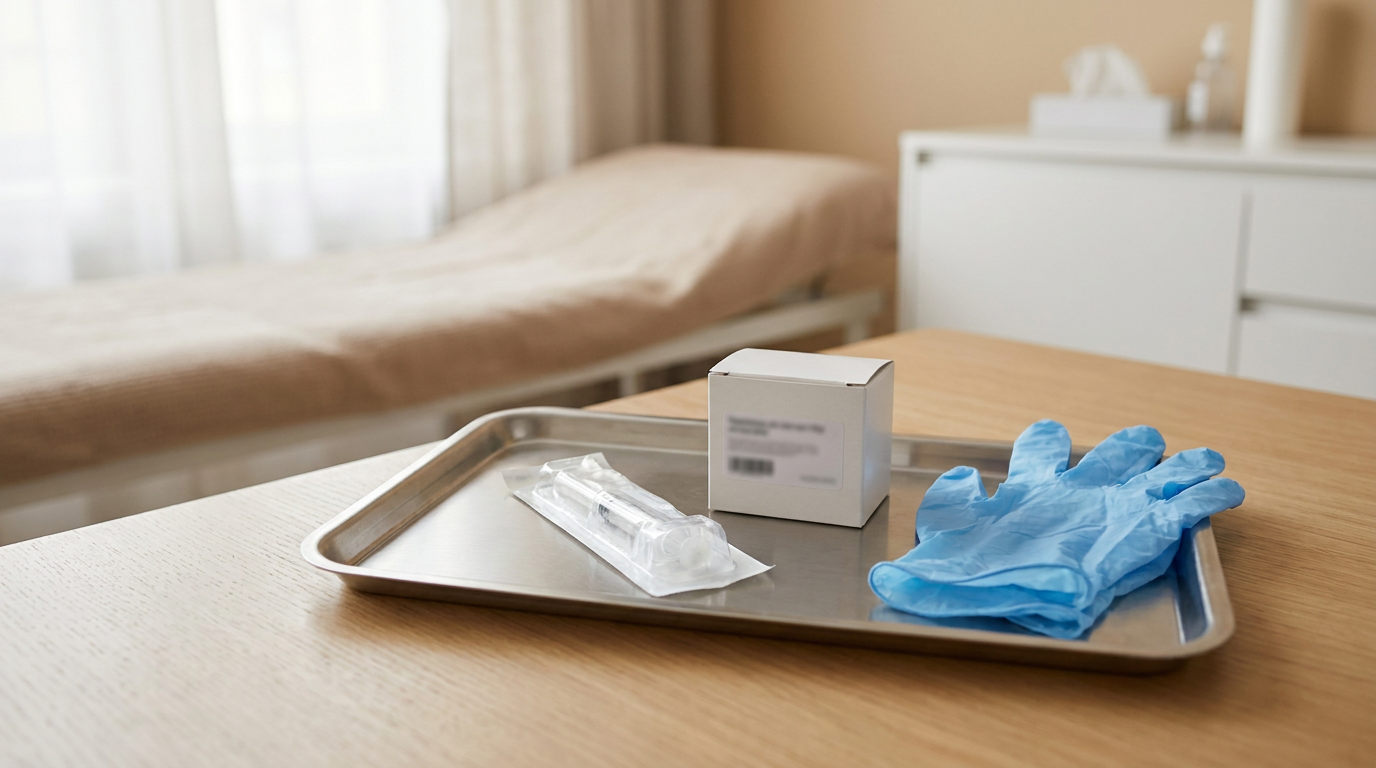 Seringue sous blister et produit injectable traçable sur un plateau stérile dans un cabinet médical