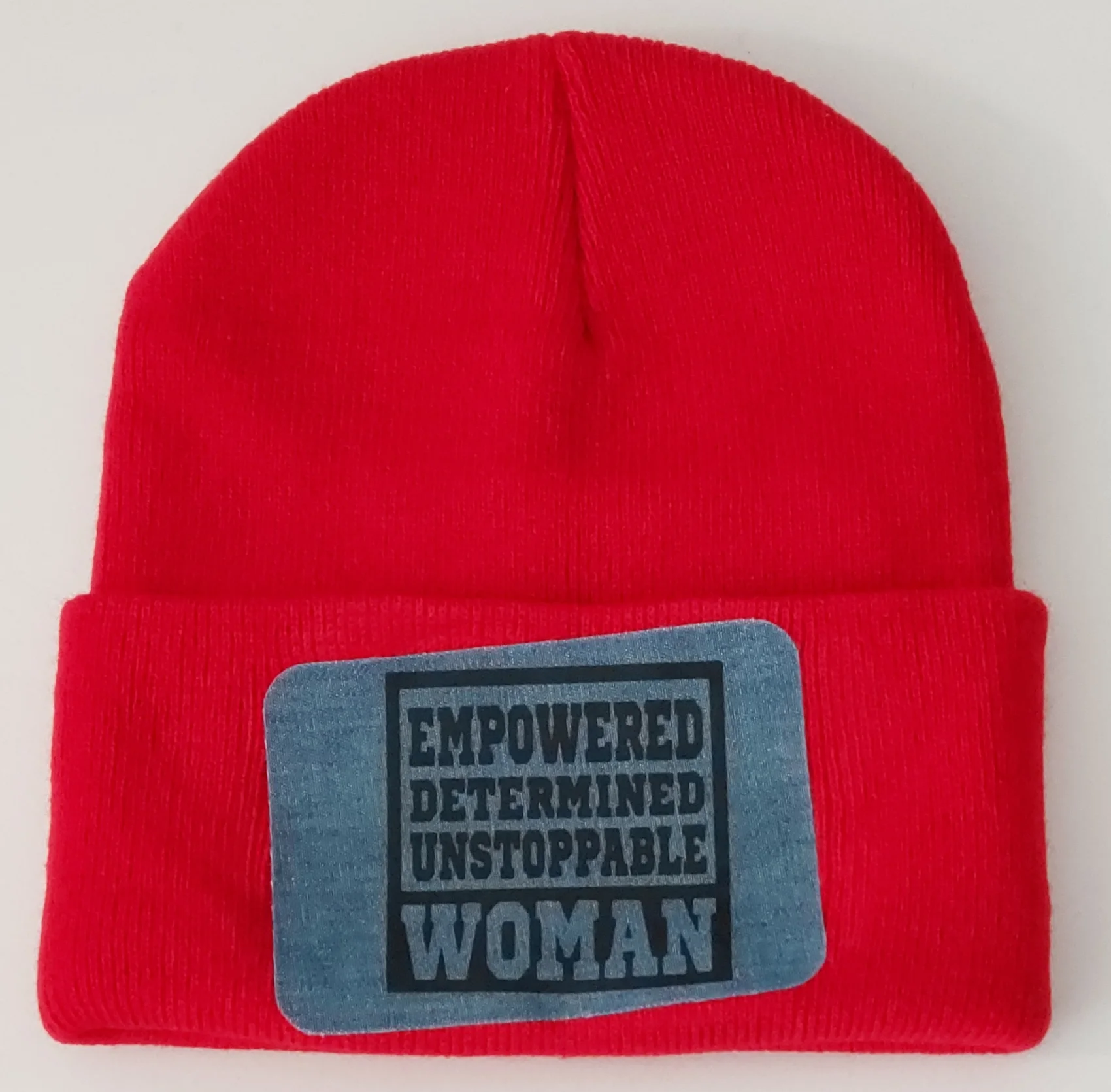 EMPOWERED DETERMINED UNSTOPPABLE WOMAN DENIM PATCH BEANIE