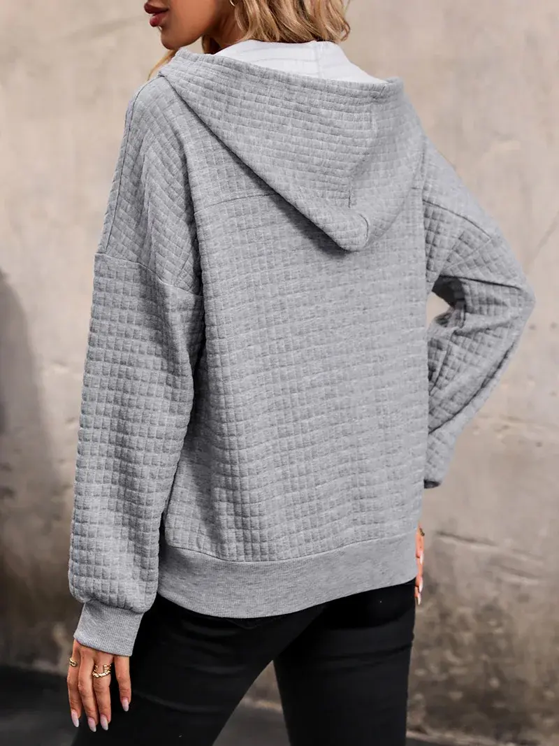 Thumbnail: Women Light Gray Waffle Hoodie Sweatshirt Long Sleeve Casual Blouse