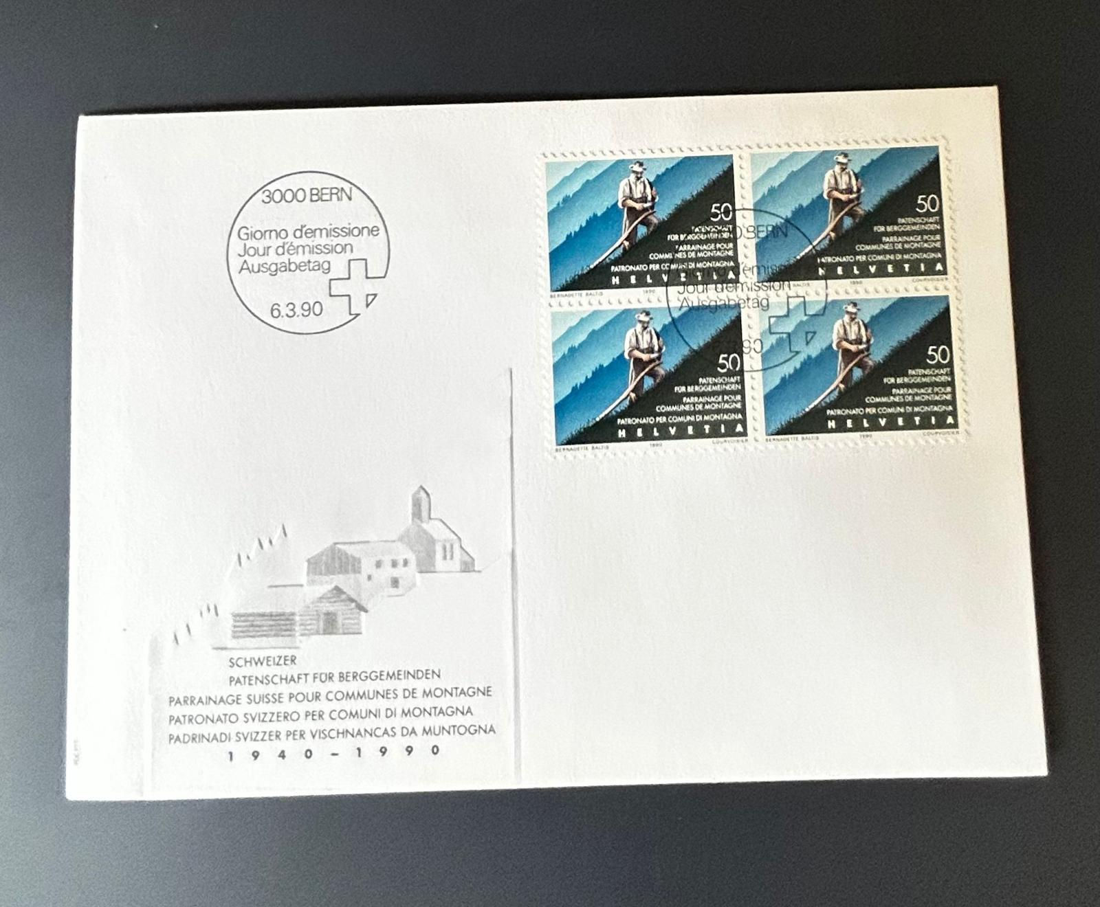 P421-Switzerland 1990 First Day Cover FDC Block of 4 50c Helvetia Mountain Commu