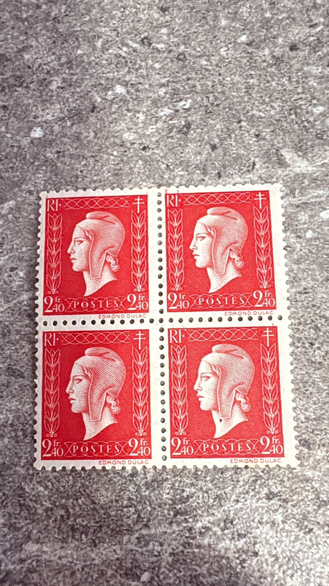 E264-France 1945 Marianne “Dulac” 2f40 Red – Block of 4  MNH / Never Hinged