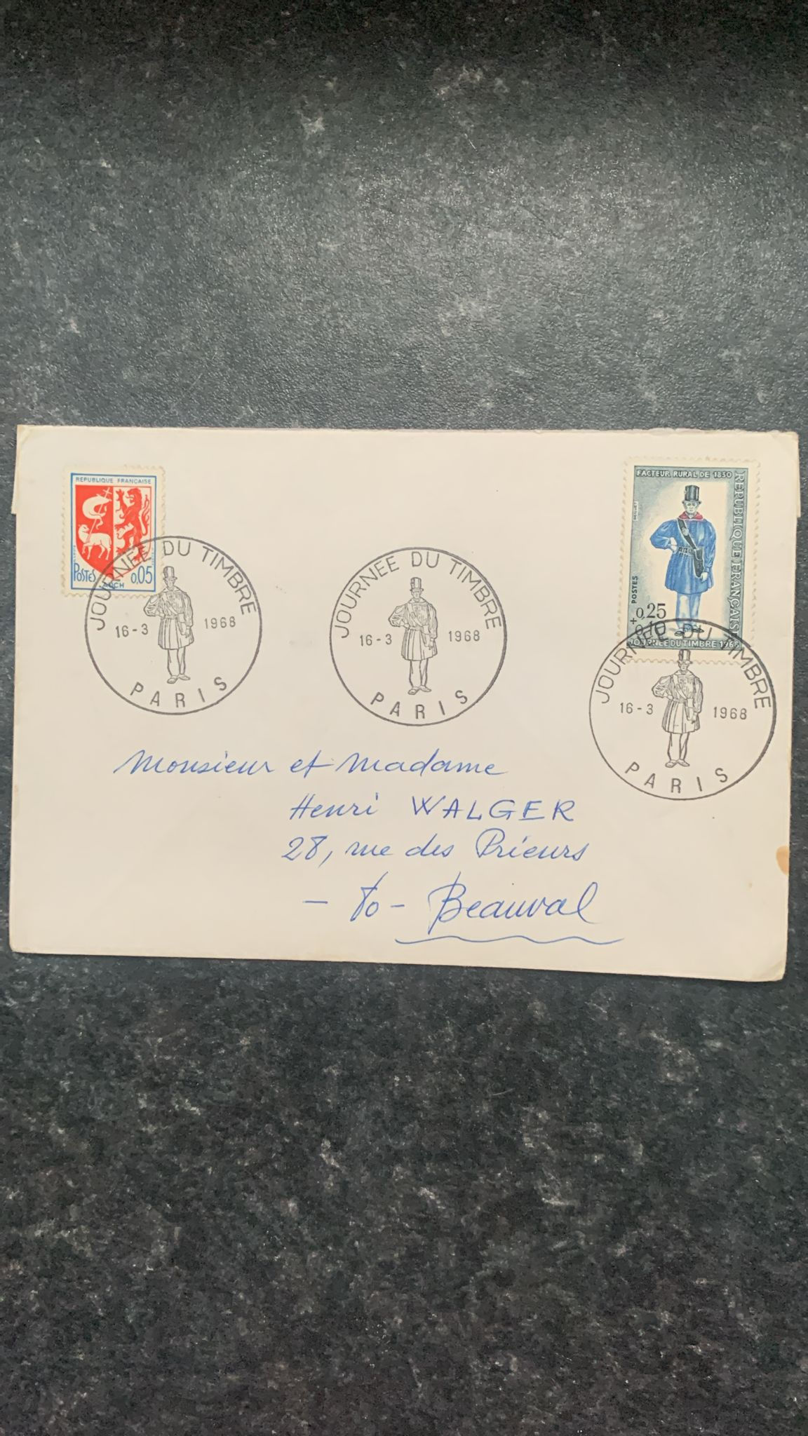 E57-France 1968 Journée du Timbre First Day Cover Rural Postman 1830 & 0.05 Re
