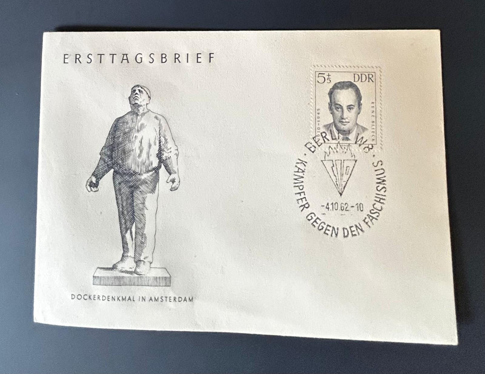 P409-DDR 1962 First Day Cover Berlin Anti-Fascism Dockers Monument Amsterdam 5+5